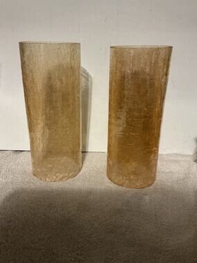 Vtg Blenko Style Amber Crackle Glass Hurricane Shade Cylinder Chimney PAIR 9.5”